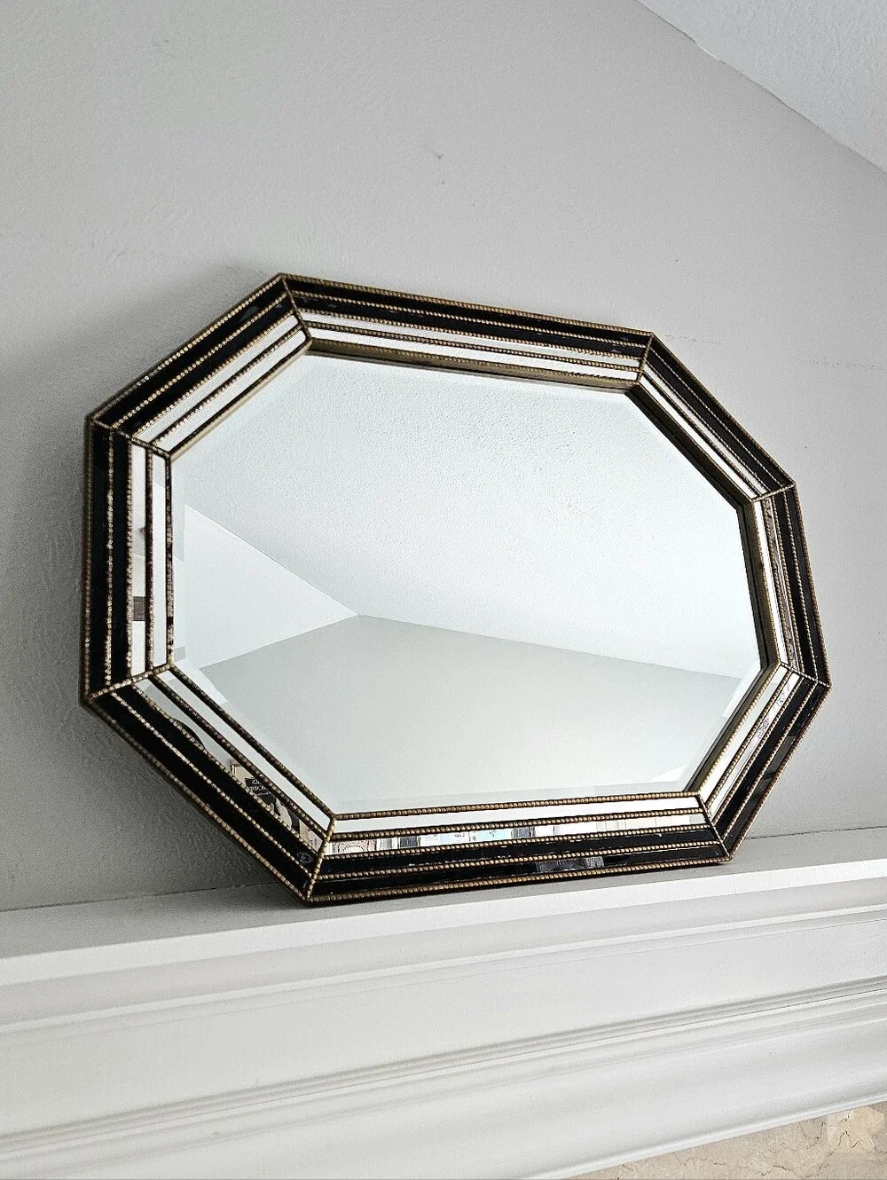 Vintage LaBarge Large Octagonal Gilt Brass Layered Mirror With Black Panels